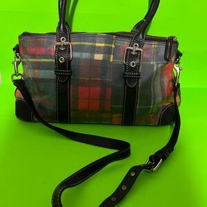 Plaid Shoulder Satchel with Black Trim and Detachable Strap